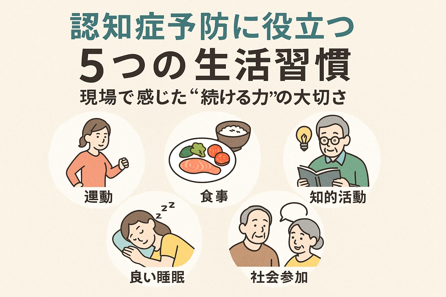 認知症予防に効果的な5つの生活習慣を紹介するイラスト。続けることで脳の健康を守る重要性を現場目線で伝えている。