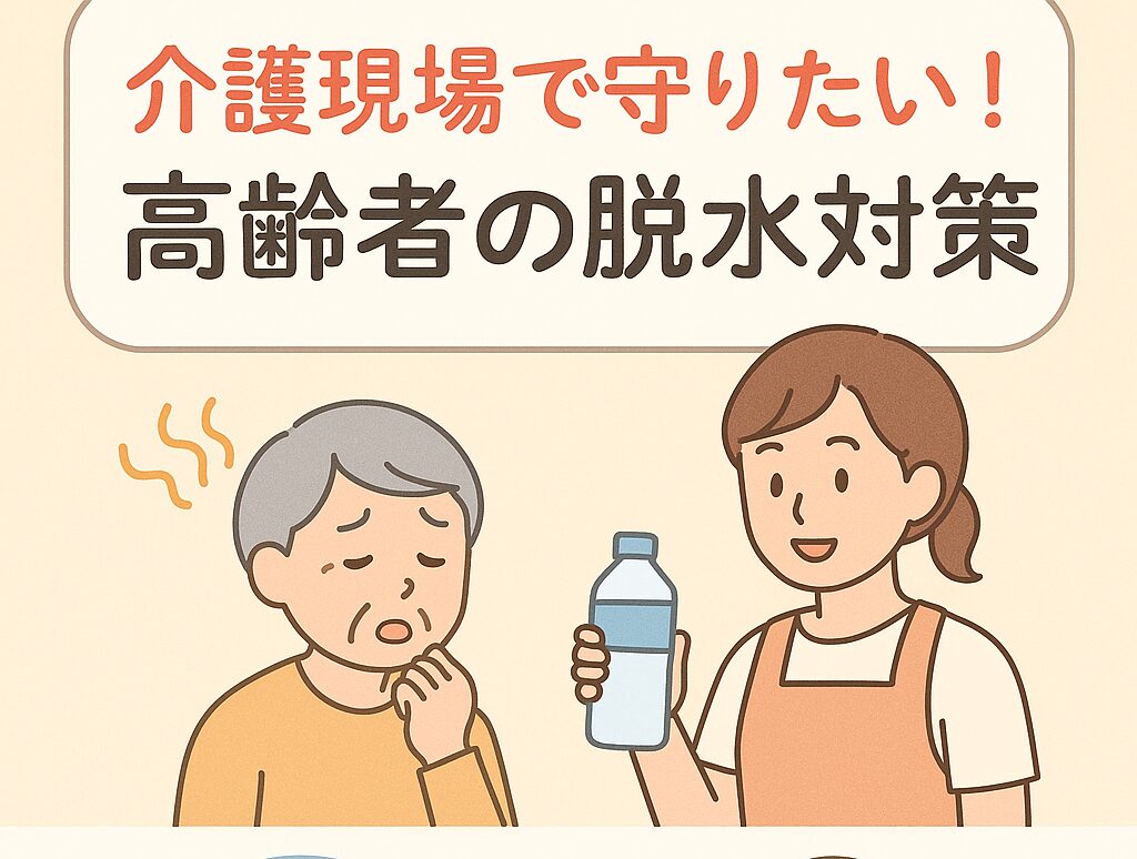 介護現場向けのブログ用アイキャッチ画像。夏の脱水対策をテーマに、青と白の涼しい背景に『介護現場で守りたい！高齢者の脱水対策』というタイトルが入った安心感のあるデザイン。