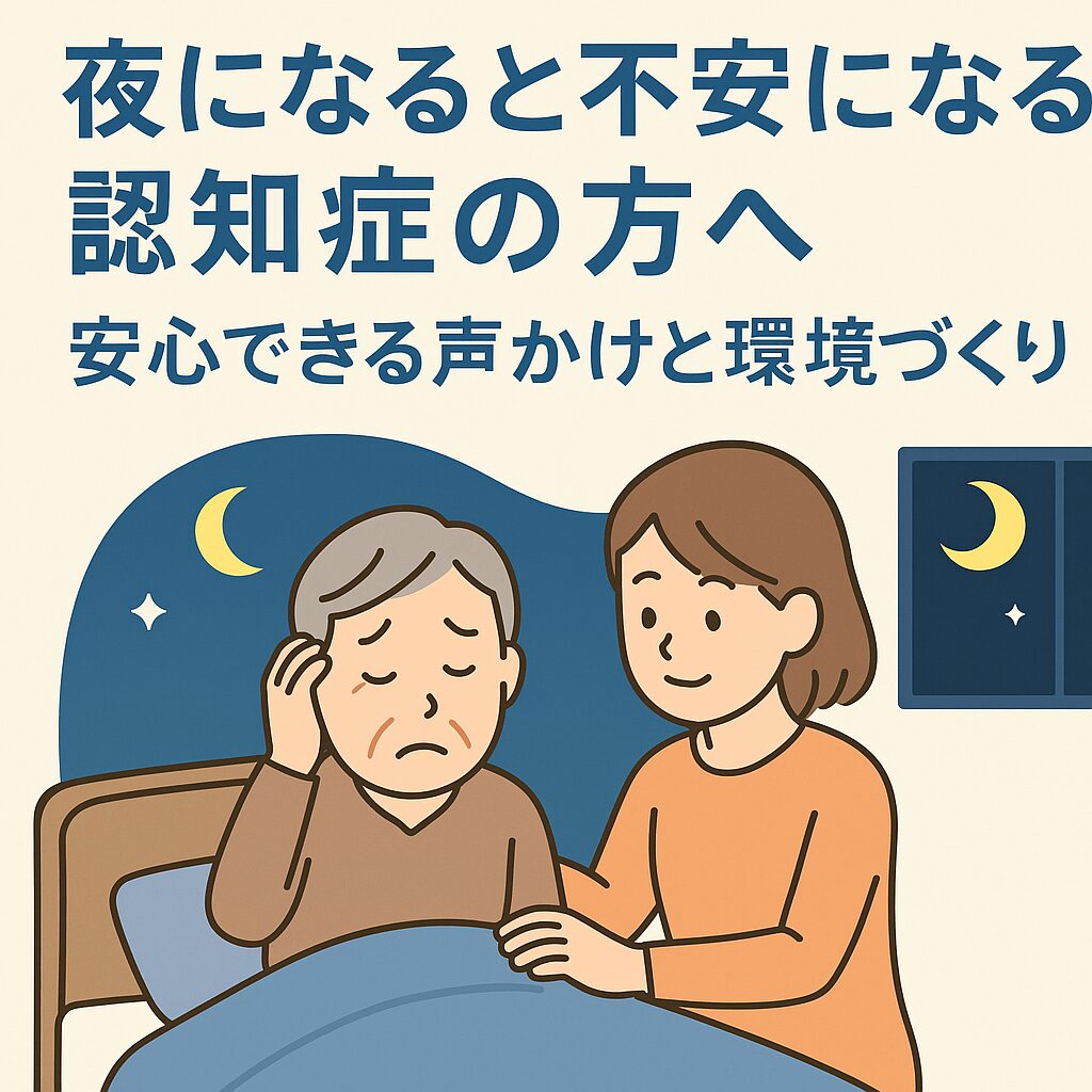 夜の室内で、認知症の高齢者に寄り添う家族の姿を描いたイラスト。あたたかい照明と安心感のある雰囲気が伝わる。