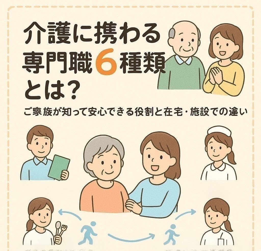 家の中で、高齢の方を中心に、介護の専門職のケアマネジャー・介護職・看護師・リハビリ職・栄養士・相談員が円になって囲んでいるイラスト