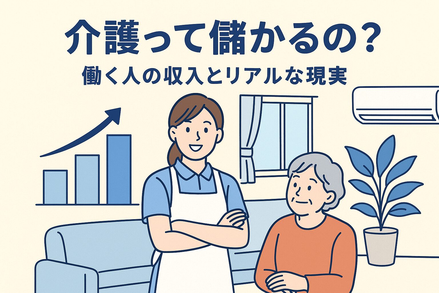 介護士が階段を一歩ずつ上がっていくイラスト。下の段には現場スタッフ、上の段には資格取得やケアマネ業務を象徴するアイコンが描かれ、キャリアアップによって収入が増えることを表現している。