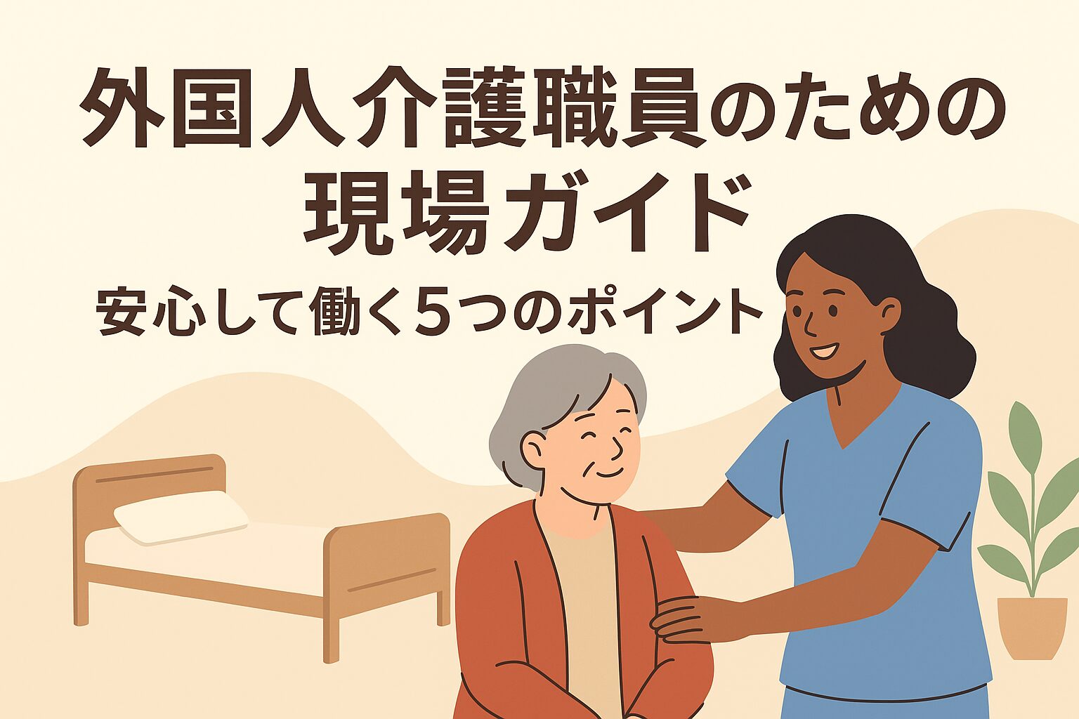 外国人介護職員と日本人介護スタッフが協力して介護をしている様子を描いたイラスト。チームワークと安心感を表現。
