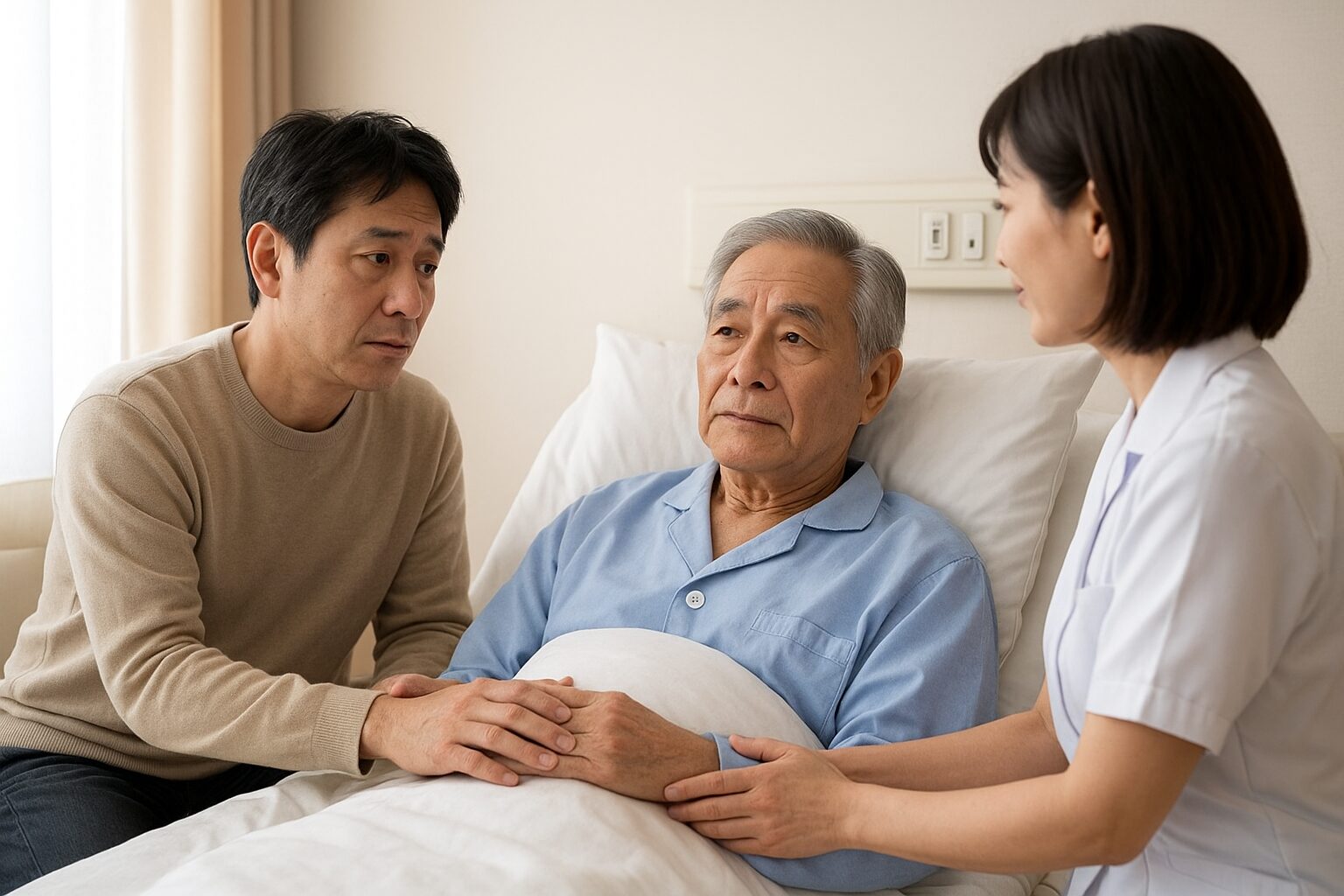 退院後の生活に悩む高齢の親と、その家族が病院で相談している様子。自宅では暮らせないときの選択肢を考えるイメージ。