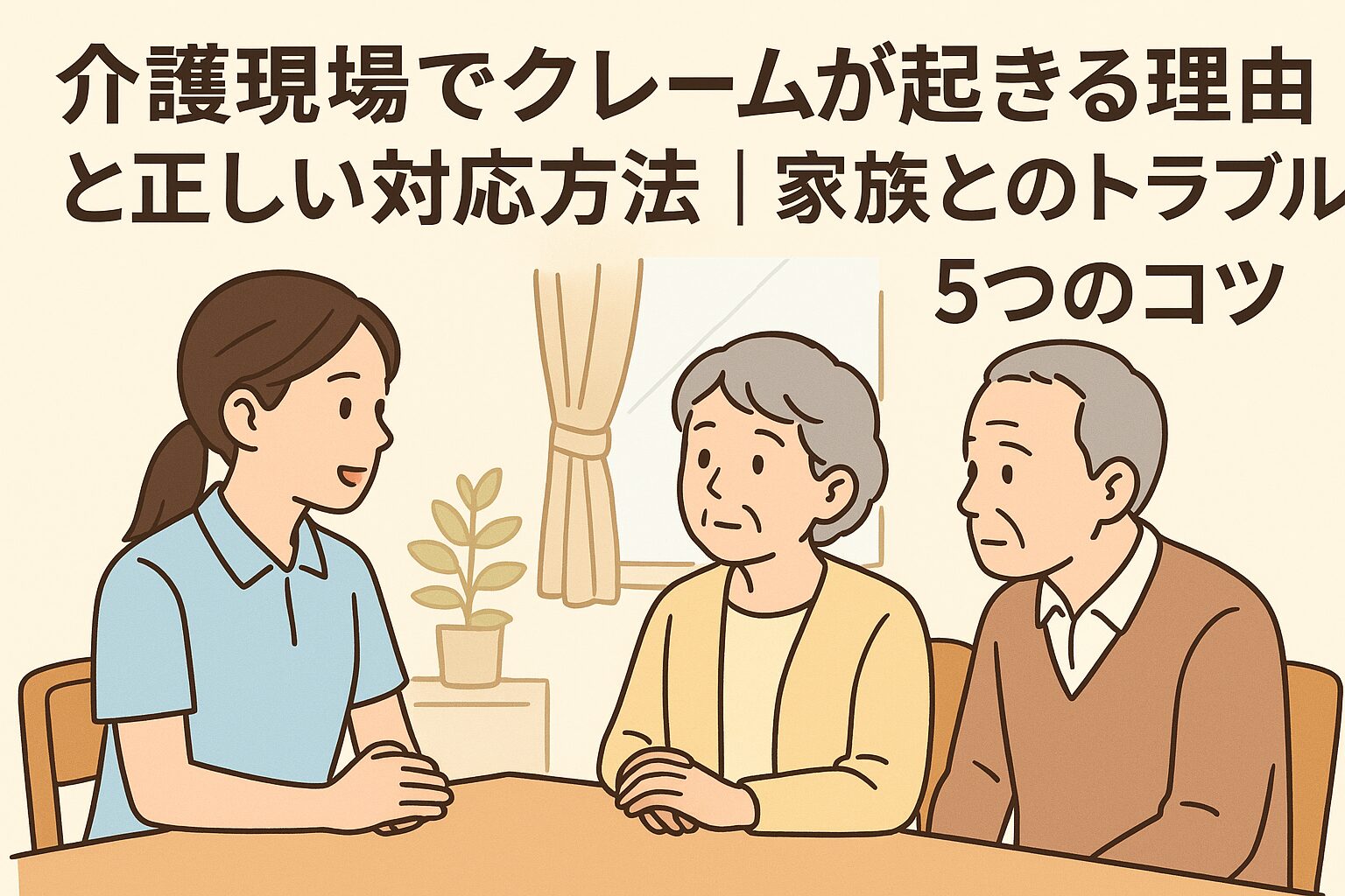 クレーム対応で家族の話を丁寧に聞く介護職員の様子。穏やかな表情で信頼関係を築く場面。