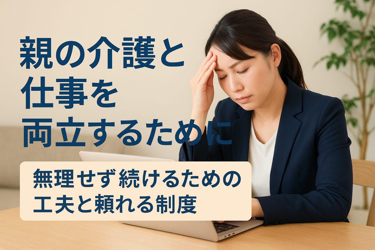 親の介護と仕事を両立する家族をイメージした写真。職場と家庭の間で悩みながらも前向きに頑張る社会人を描いた、やさしい雰囲気のイメージ画像。