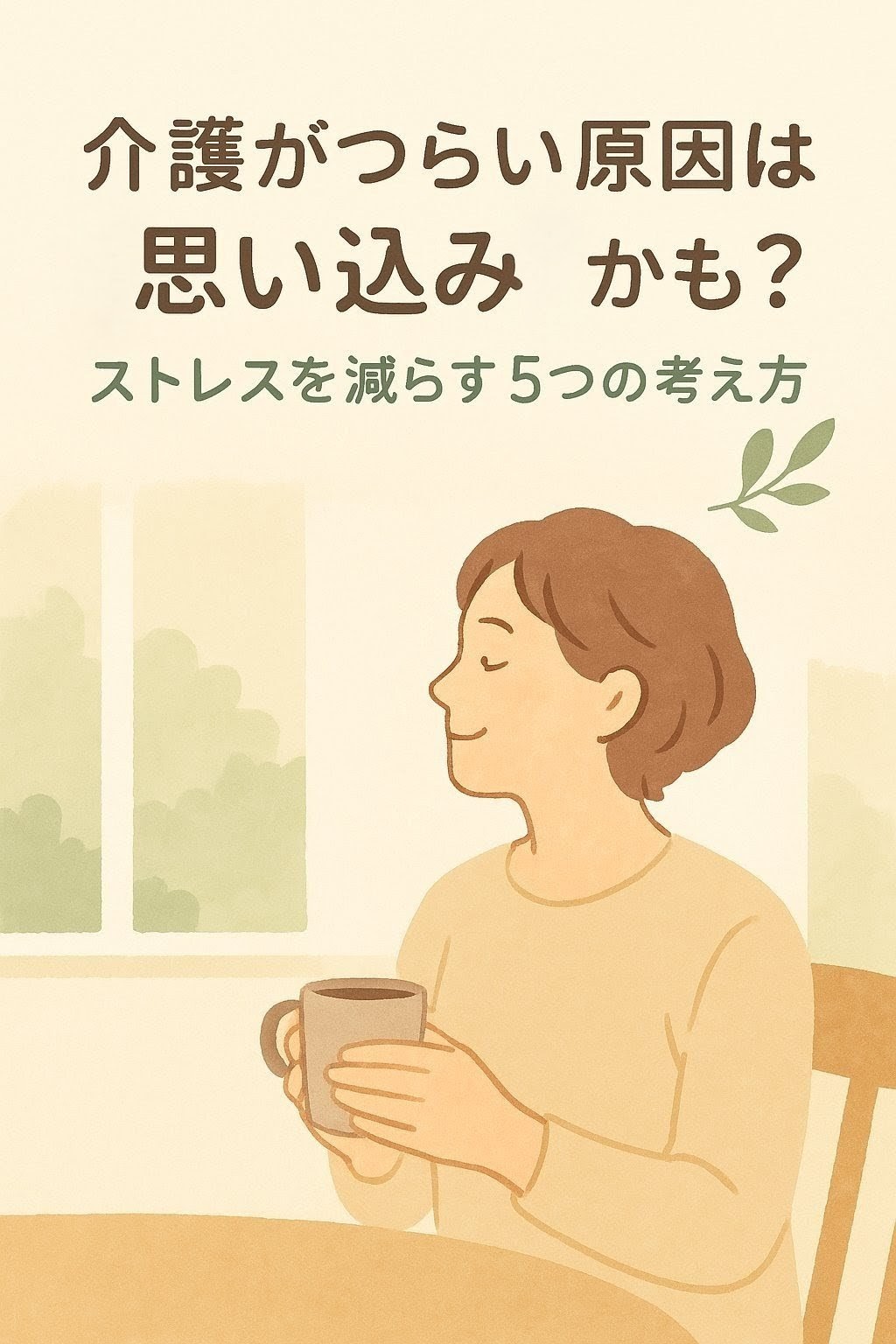 介護を頑張りすぎている人に向けて、“もっとラクに”と伝えるイメージ写真。自然光の中でほっとする介護者の笑顔。