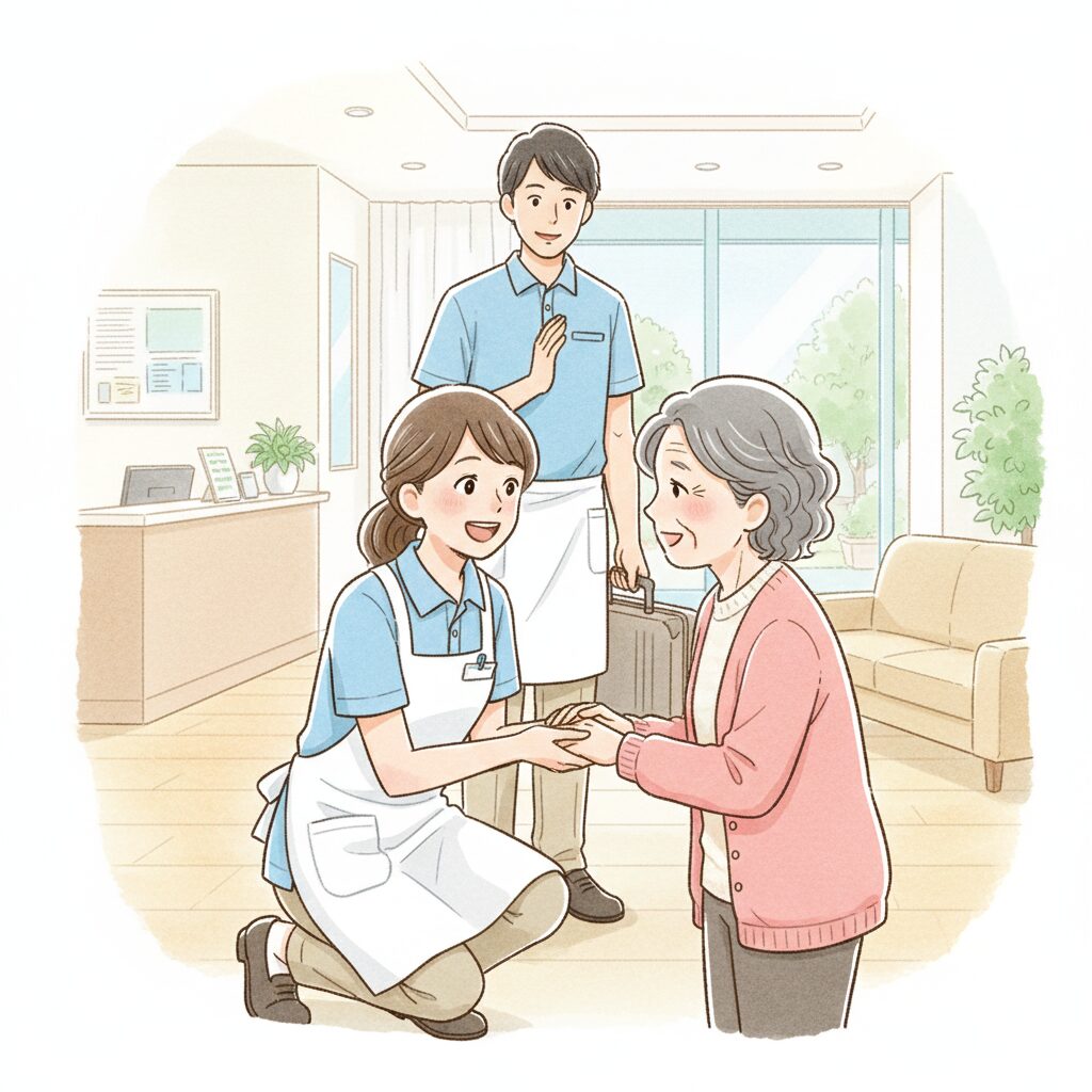 介護施設で新しいご利用者を笑顔で迎える職員の様子