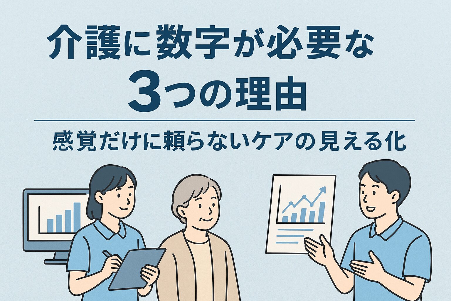 介護の現場で数字を活用し、記録や見える化に取り組む職員のイメージ