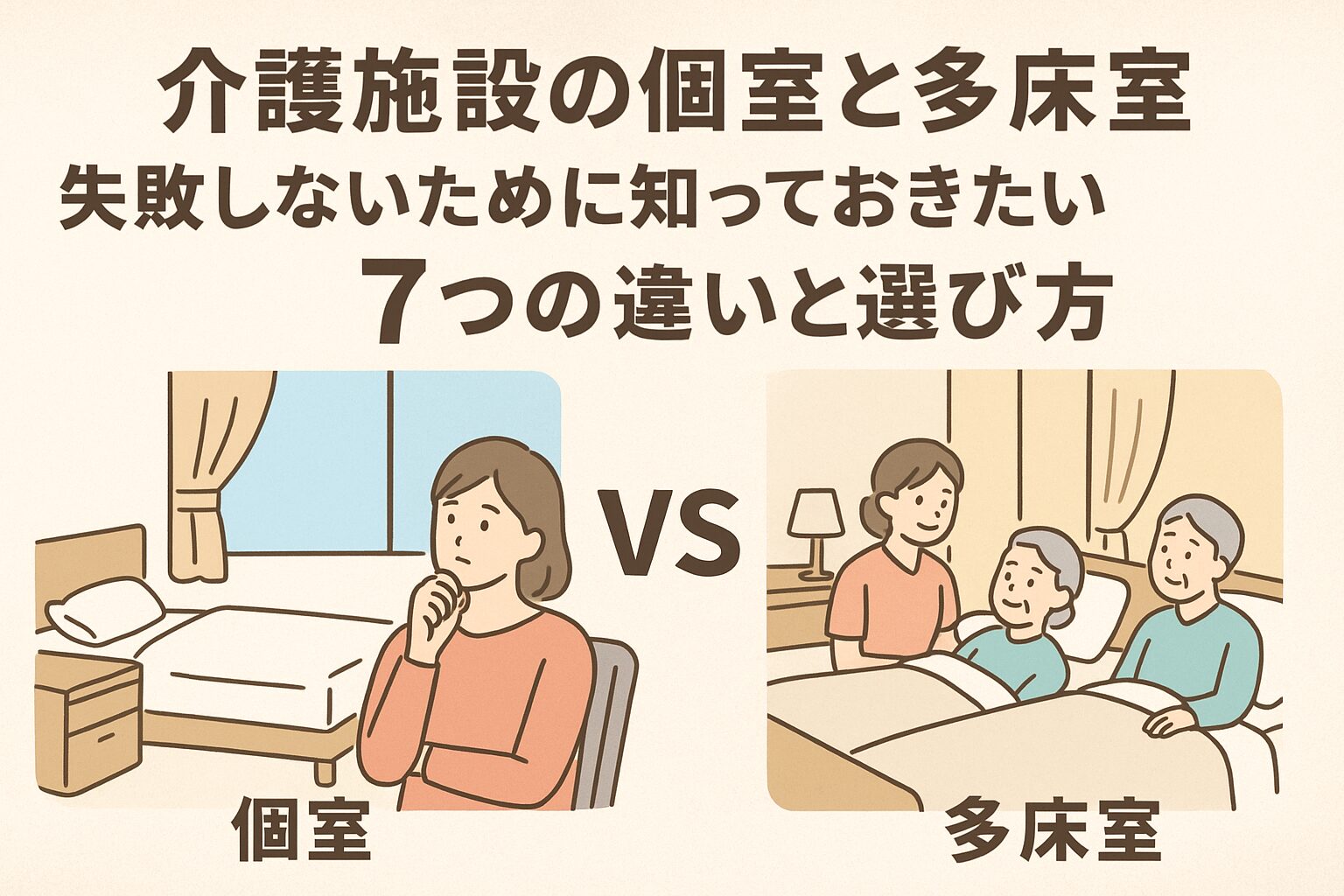 介護施設の個室と多床室の違いを比較しているイメージ画像（家族が施設選びに悩んでいる様子）