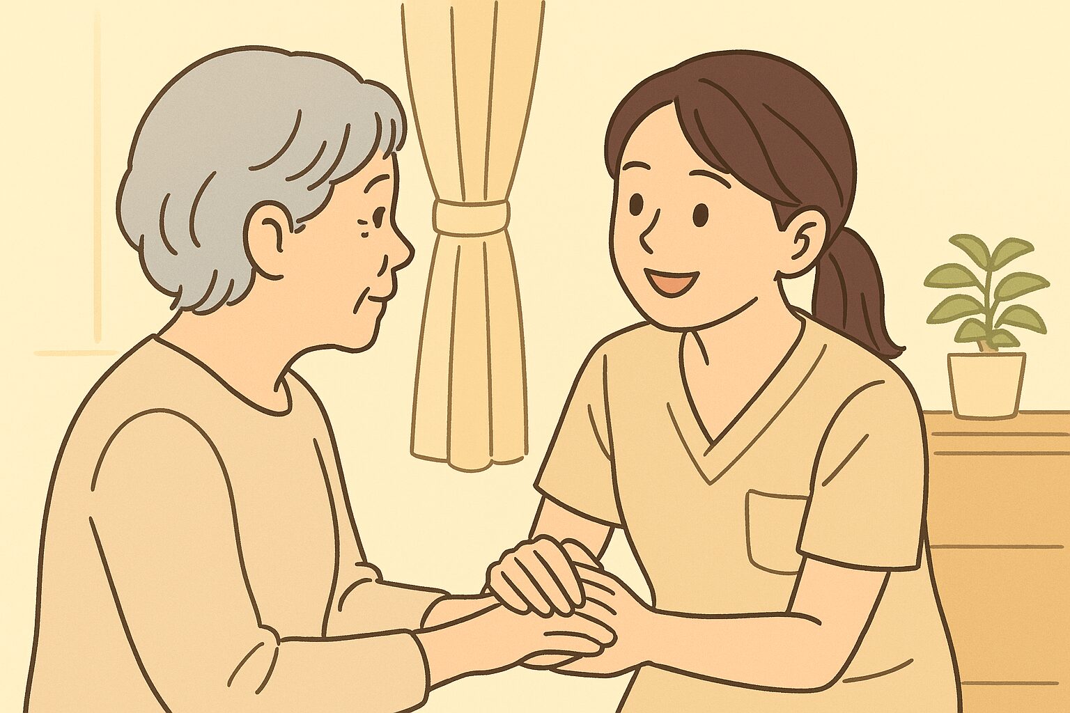 穏やかな雰囲気で認知症の方と会話する介護職員の様子