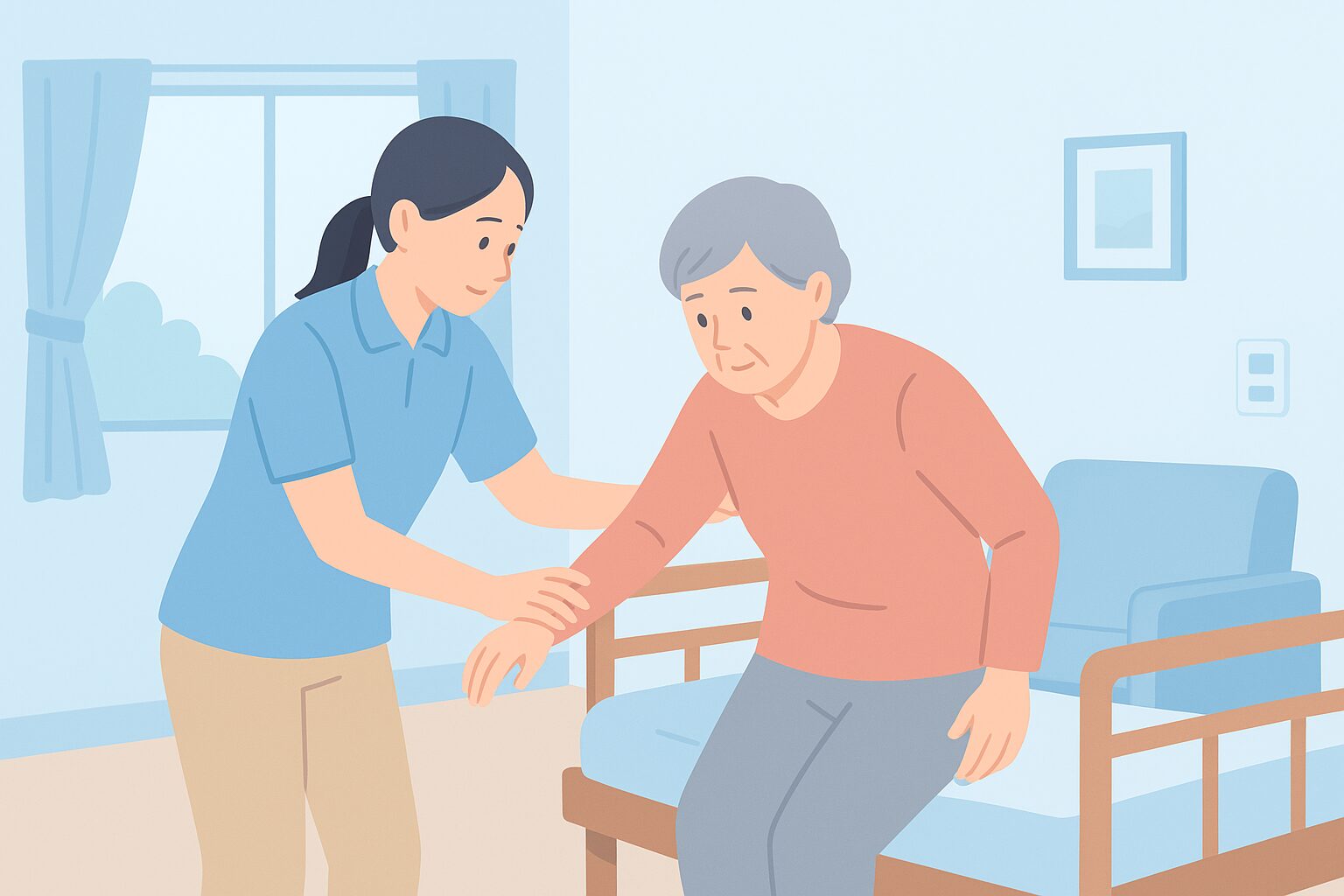 介護施設でのヒヤリハット事例をイメージしたイラスト。職員が利用者を支える安全対策の瞬間を描いた落ち着いた青系の室内風景。