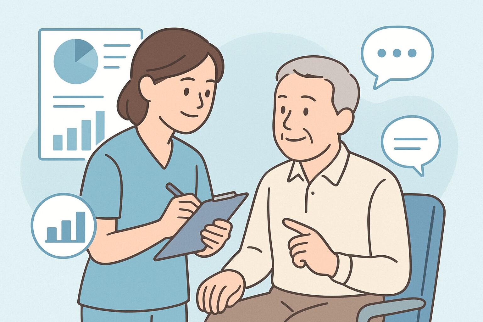 介護スタッフが数字を使って声かけや情報共有を行っている様子のイラスト