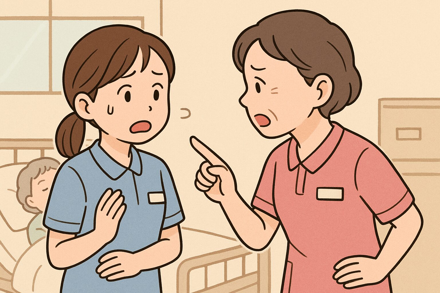 先輩によって教え方が違い混乱している新人スタッフが、メモをとりながら先輩の話を聞いている職場の風景