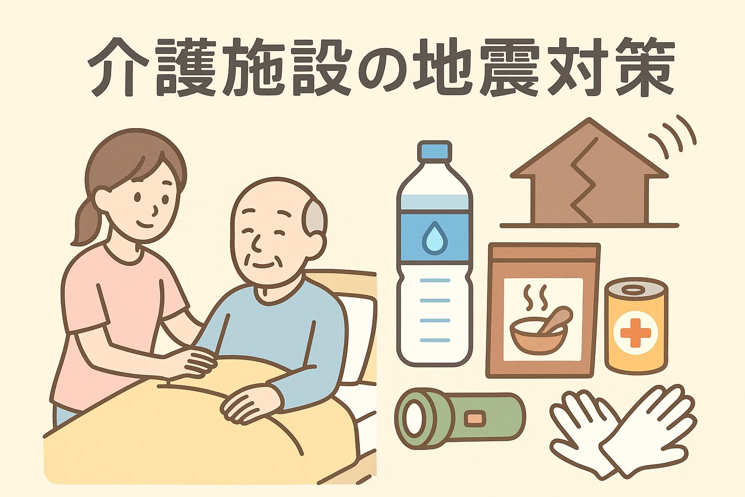 介護施設での地震対策を分かりやすく示したイラスト。利用者の安全確保と備蓄をイメージしたやさしいデザイン。