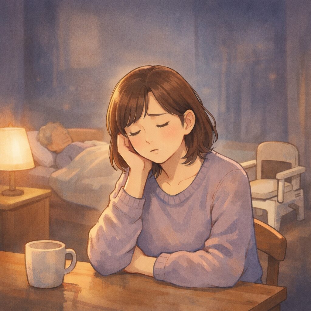自宅介護で排泄が大変と悩む家族。夜間の呼び出しに疲れた表情で机に座る女性と、ベッドで眠る高齢者。排泄介助の負担や孤独感を象徴するイラスト。
