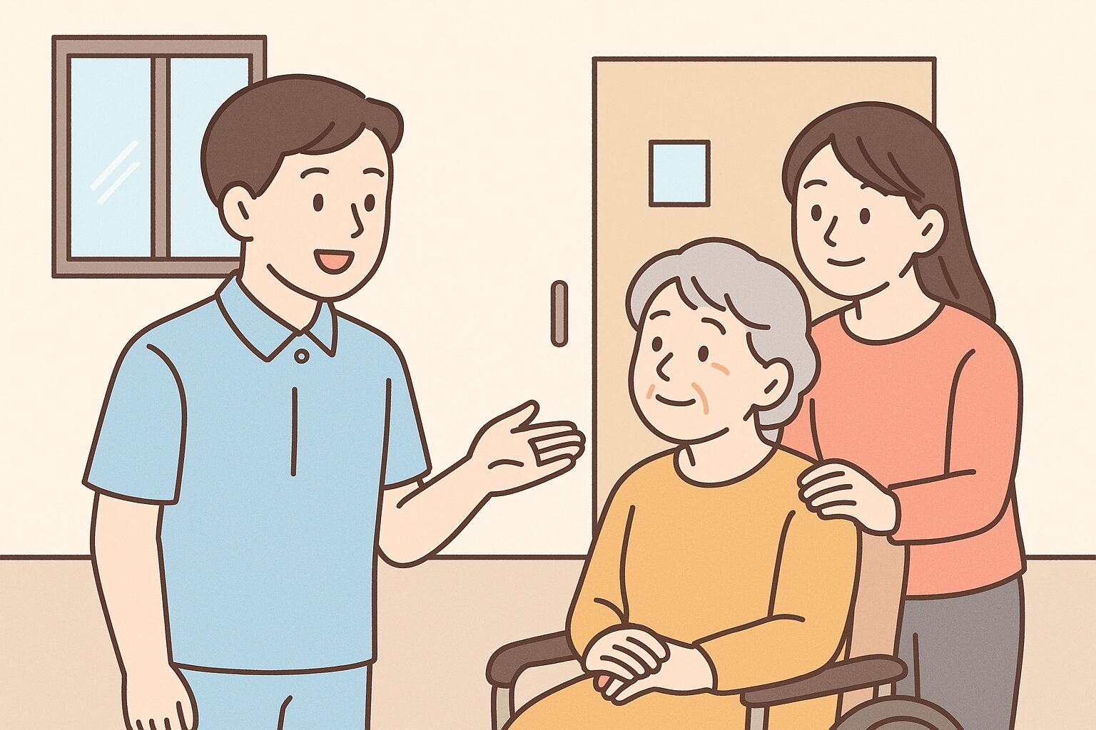 介護施設で職員が家族に面会の説明をしている様子。スタッフが笑顔で声をかけ、車いすの高齢者と家族が安心した表情で話を聞いているイラスト。