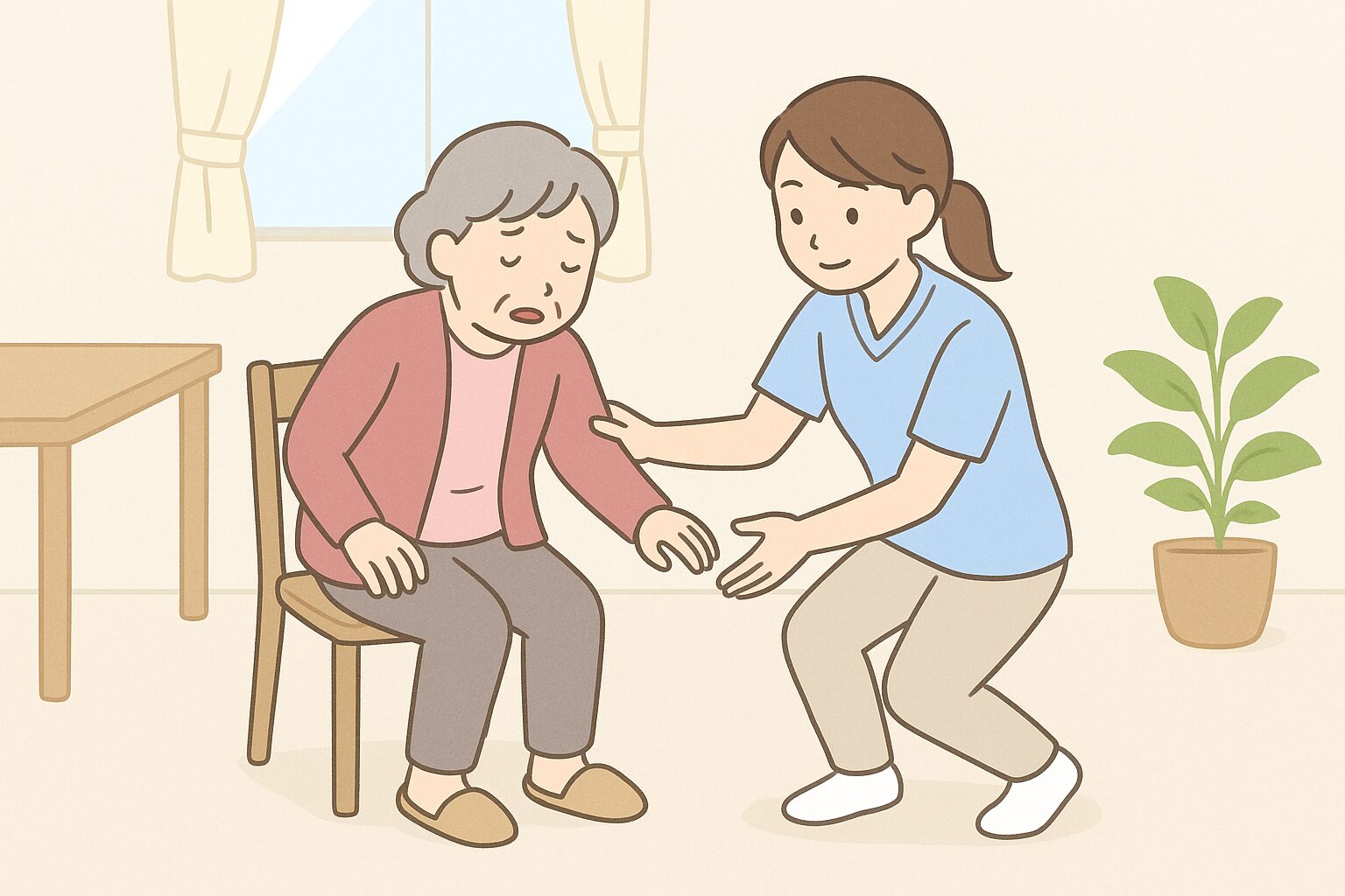 介護職員が高齢者のそばで見守りながら、転倒を防ぐために声かけやサポートをしている様子のイラスト