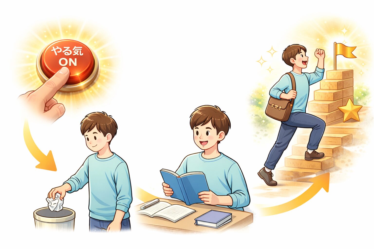 やる気スイッチを押し、小さな一歩から成功につながるイメージ画像