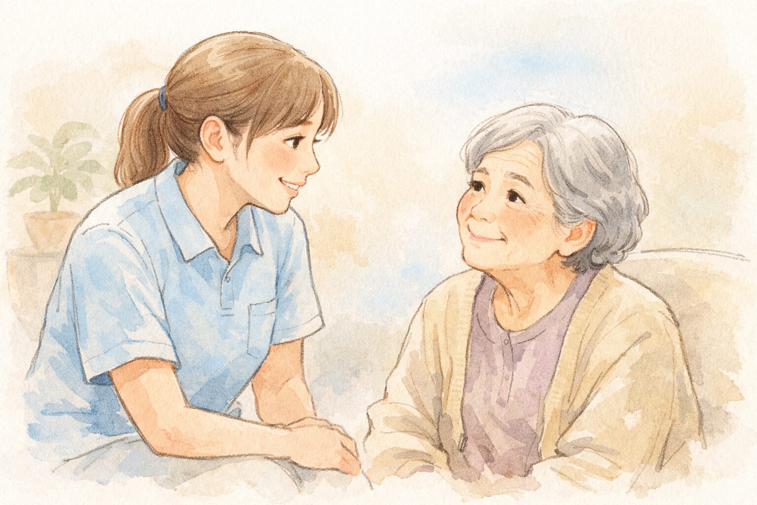 優しい表情でご利用者に寄り添う介護スタッフ