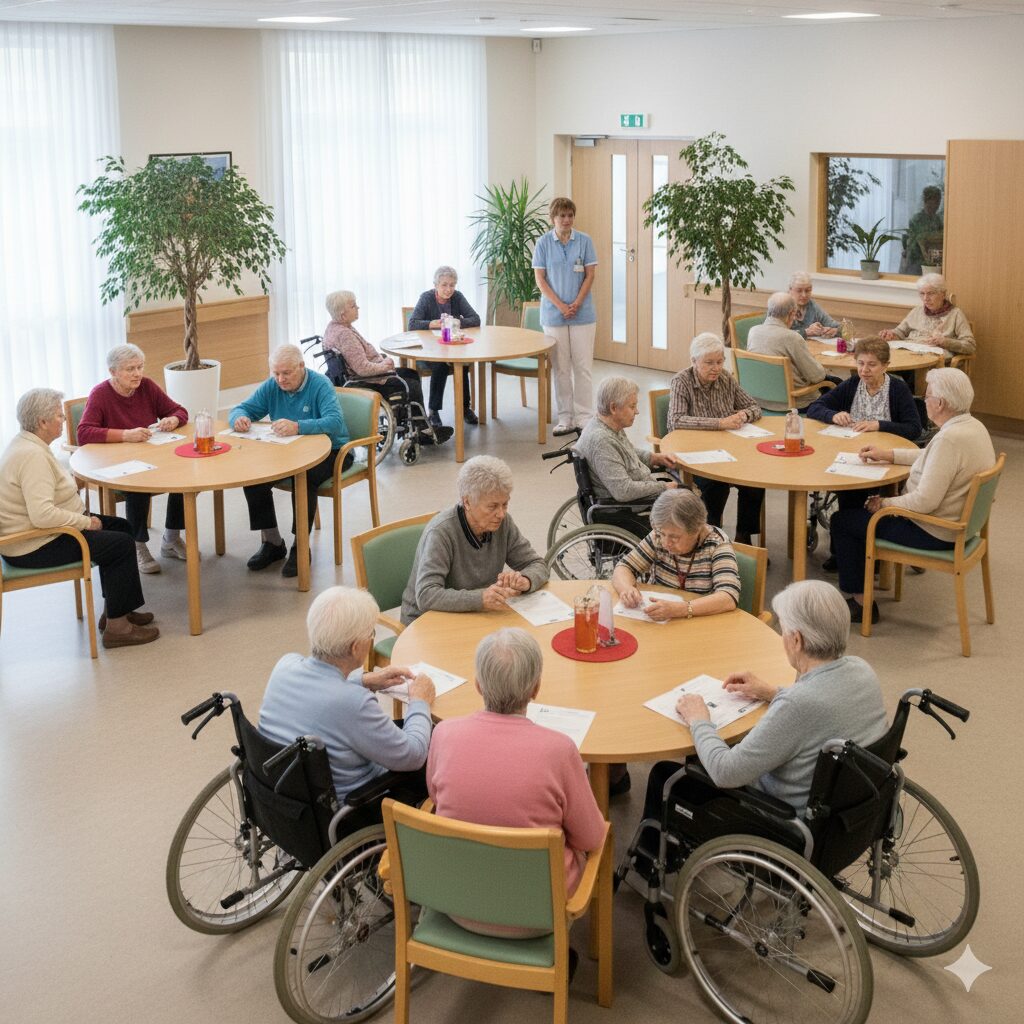 介護施設でスタッフがご利用者を近くで見守っている様子の写真