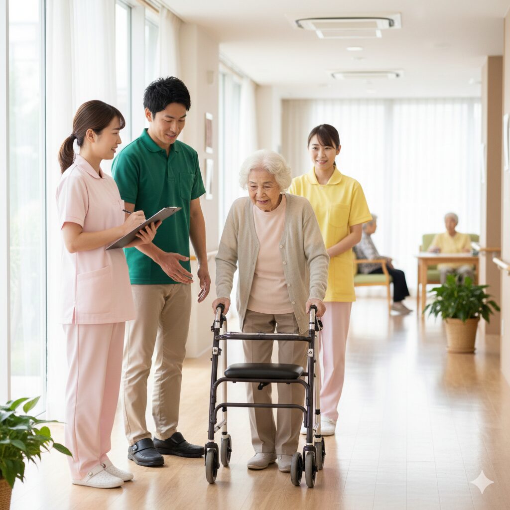 介護スタッフが手順よりも利用者本人に向き合い、目線を合わせて安心感を大切にしているケアの場面