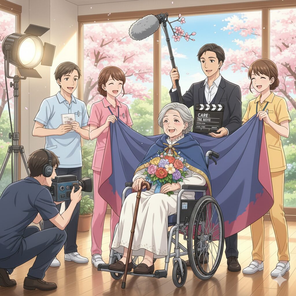 ご利用者を主人公、スタッフを支える存在として描いた、映画づくりに例えた介護のイメージイラスト