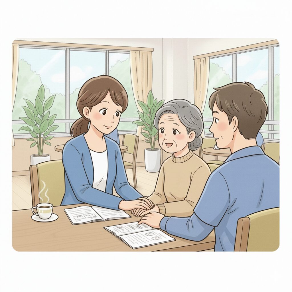 施設相談員が家族やスタッフ、ケアマネ、病院と連携しながら説明・調整している様子のイラスト