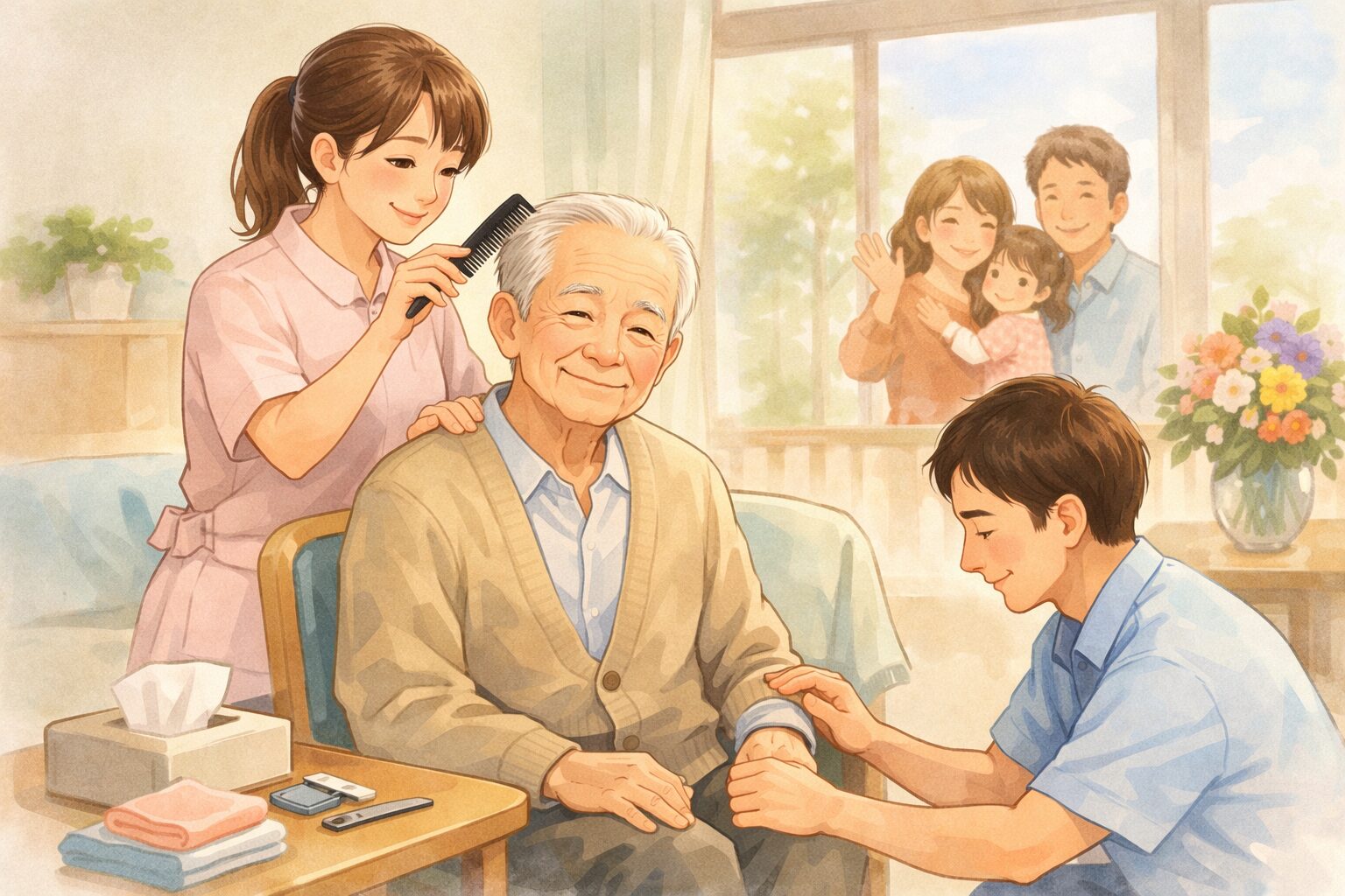 家族の面会前に、利用者の髪や服装を整える介護スタッフの様子。安心して再会できる雰囲気を表したイラスト