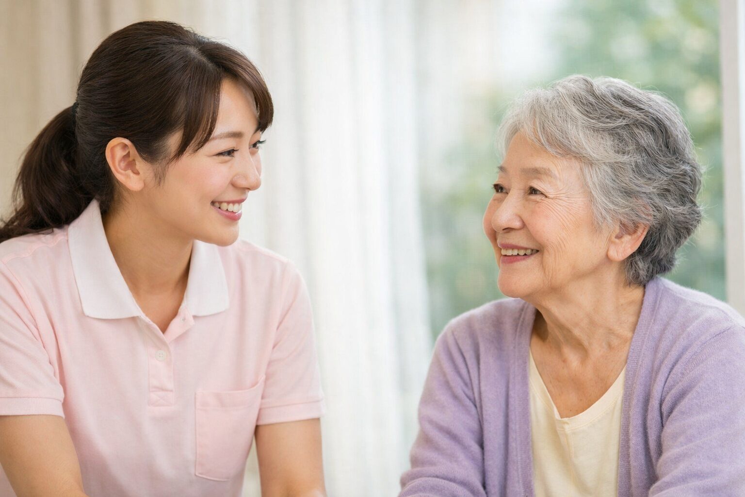 介護職員がご利用者と目線を合わせ、穏やかに会話している様子。敬語と距離感を大切にしたコミュニケーションのイメージ
