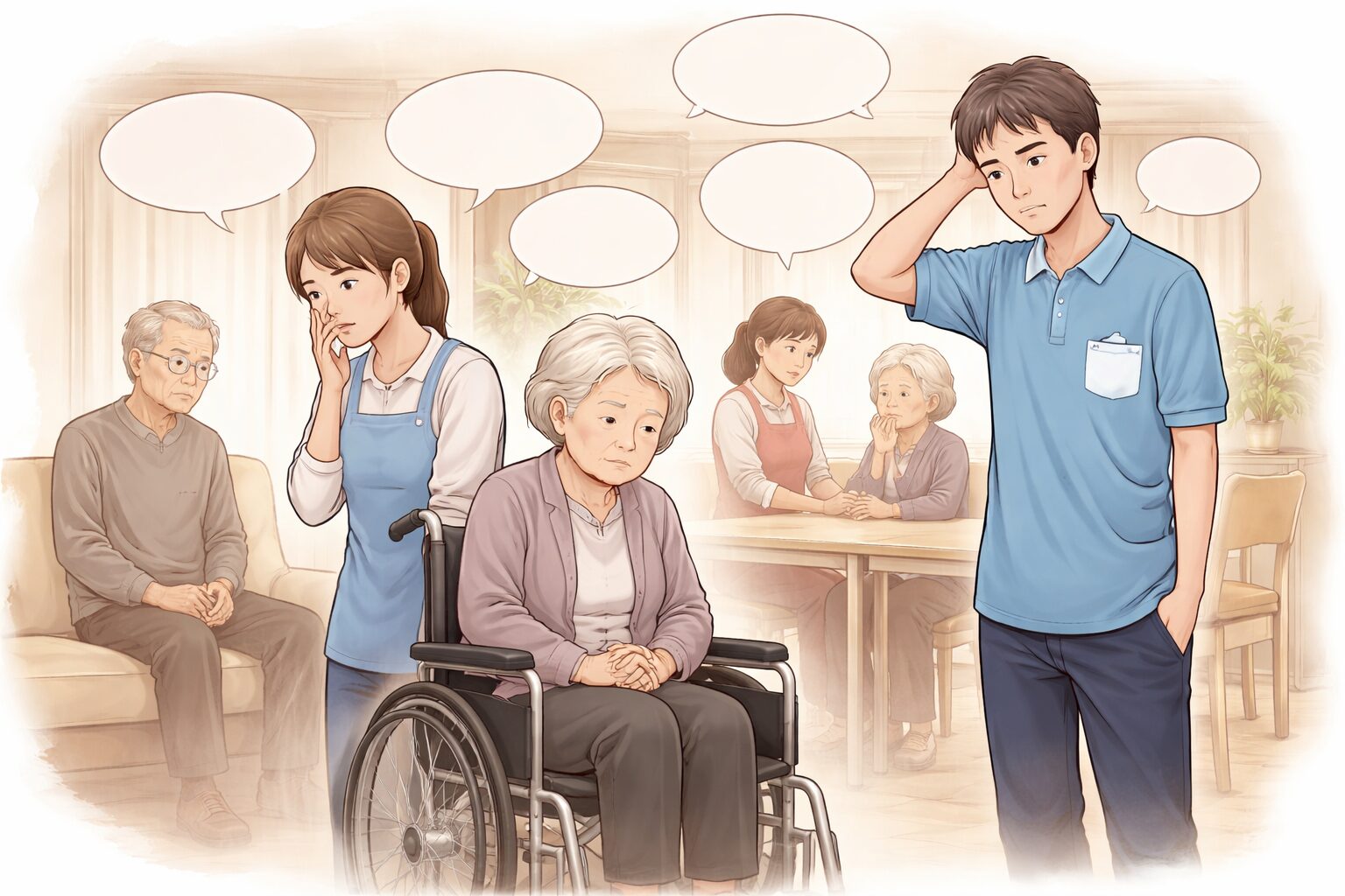 介護現場で声を出せない利用者やスタッフを象徴するサイレントマジョリティーを表したイメージ