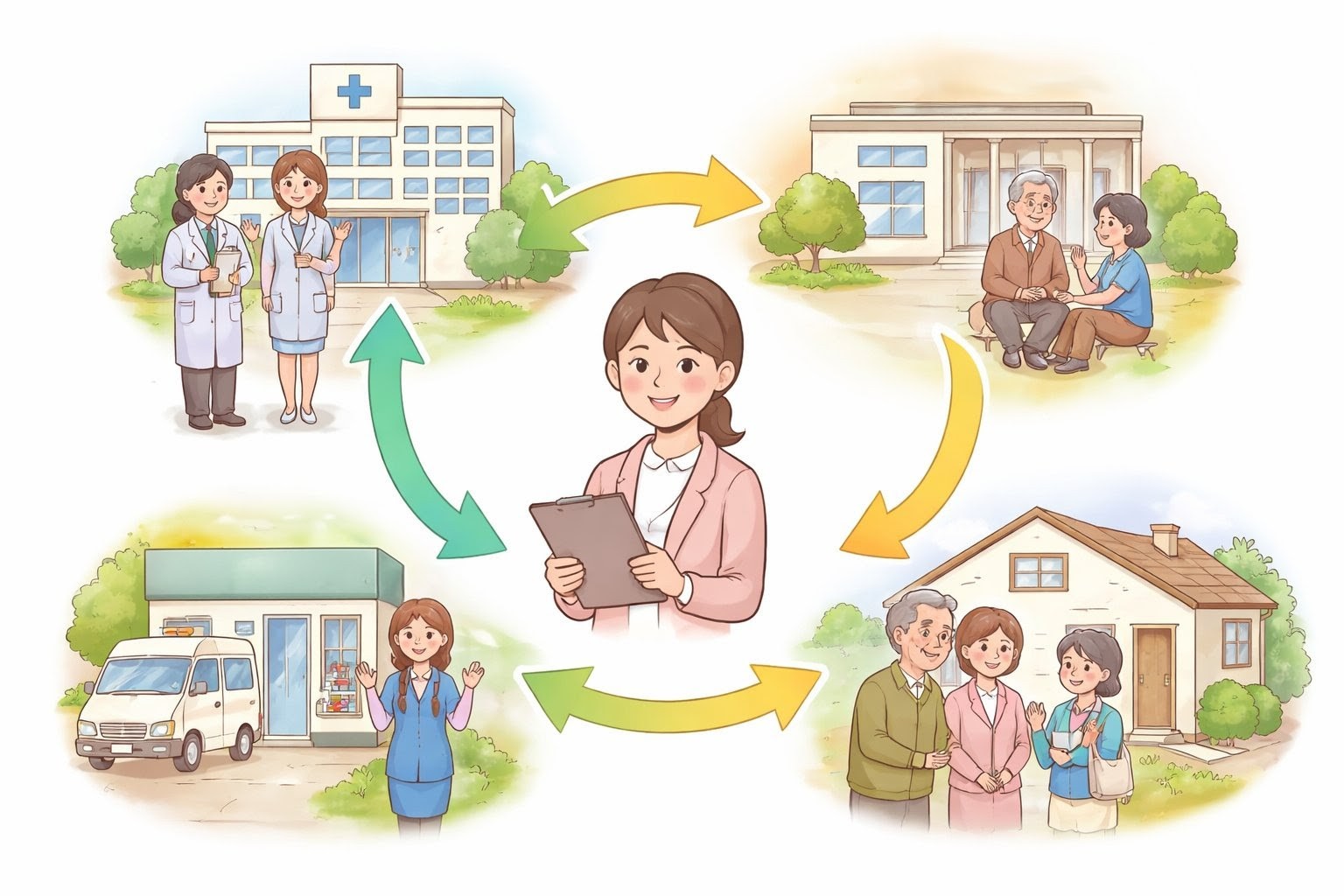 病院・施設・在宅・家族が矢印で繋がれた地域連携の図