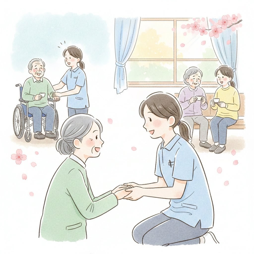 介護や支援の現場で一言の声掛けが心を動かす関係性を表したイラスト