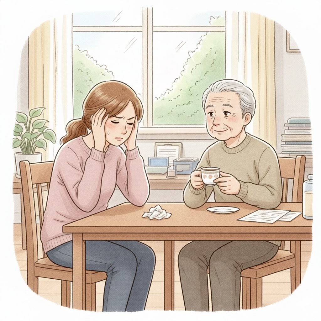 認知症の家族が何回も同じことを言い、返事の返し方に悩みストレスを感じている介護者の様子