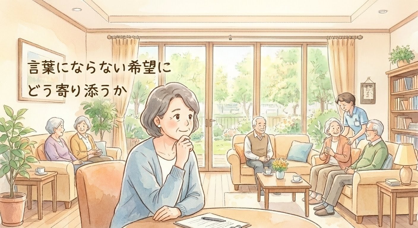 相談支援の場で声かけに迷い、相手の言葉にならない希望について考える相談員のイメージ