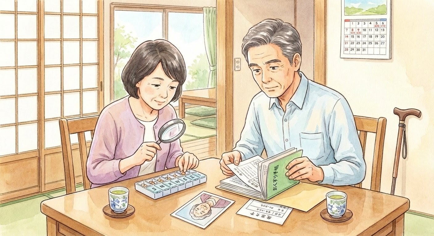 なかなか会えない親の薬や病歴を家族が確認しているイメージ