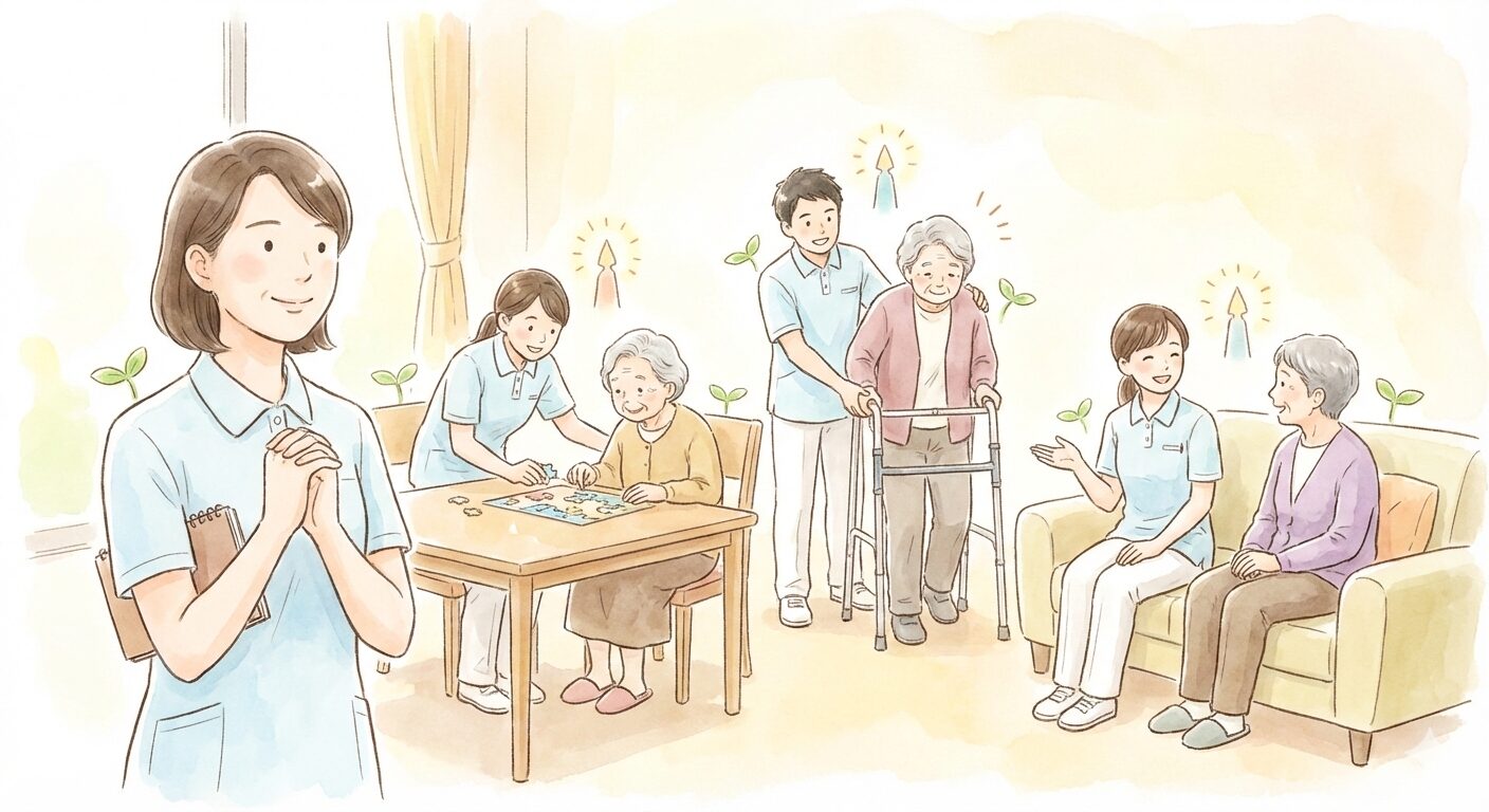 チームメンバーが自立して業務を進め、リーダーは見守るように距離を置いている様子のイラスト