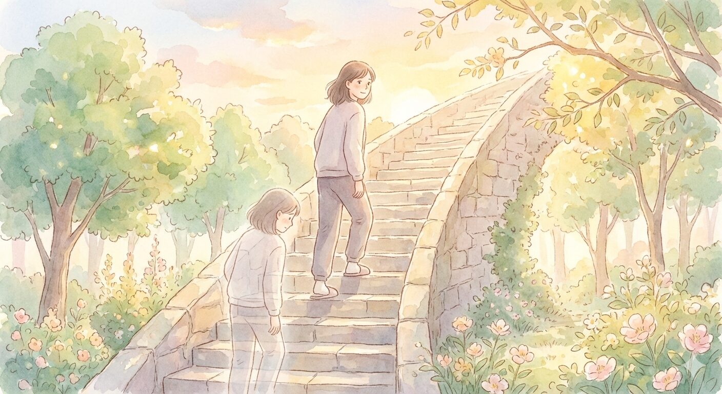 階段を一歩ずつ上りながら昨日の自分を振り返る人物のやわらかいイメージイラスト