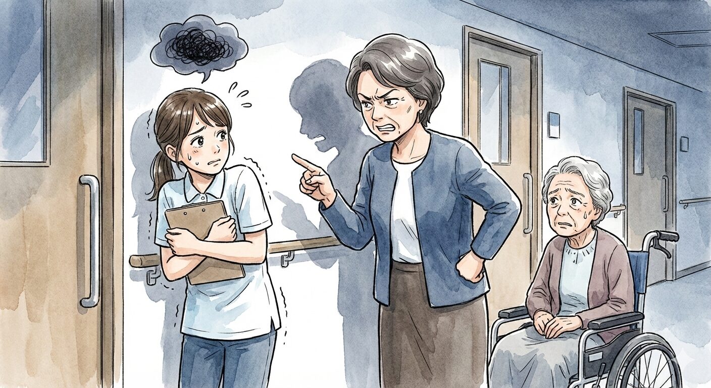介護現場で嫌な上司に不安を感じる介護職員の様子を表したイラスト