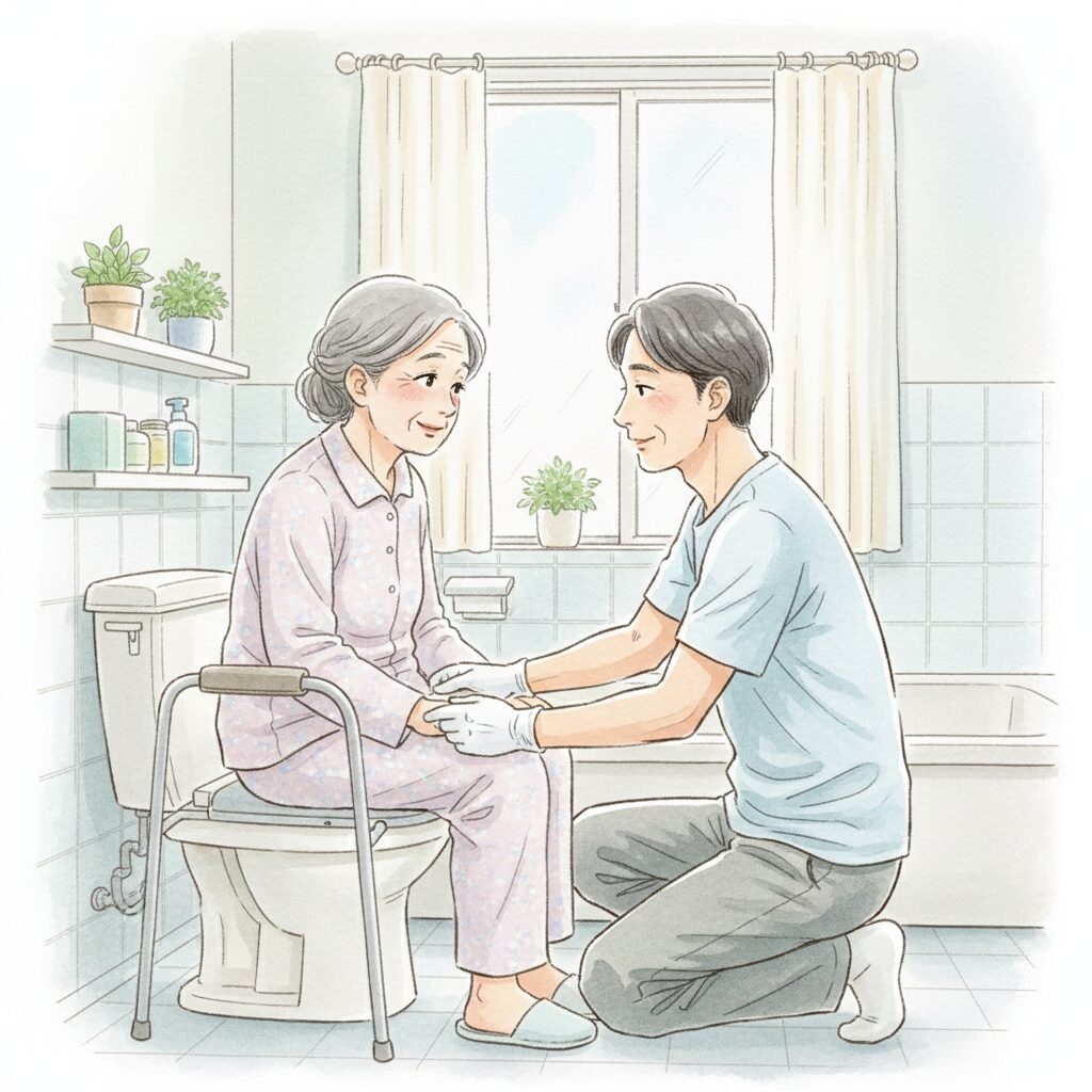 在宅介護でトイレ介助をする家族と高齢者のイメージ