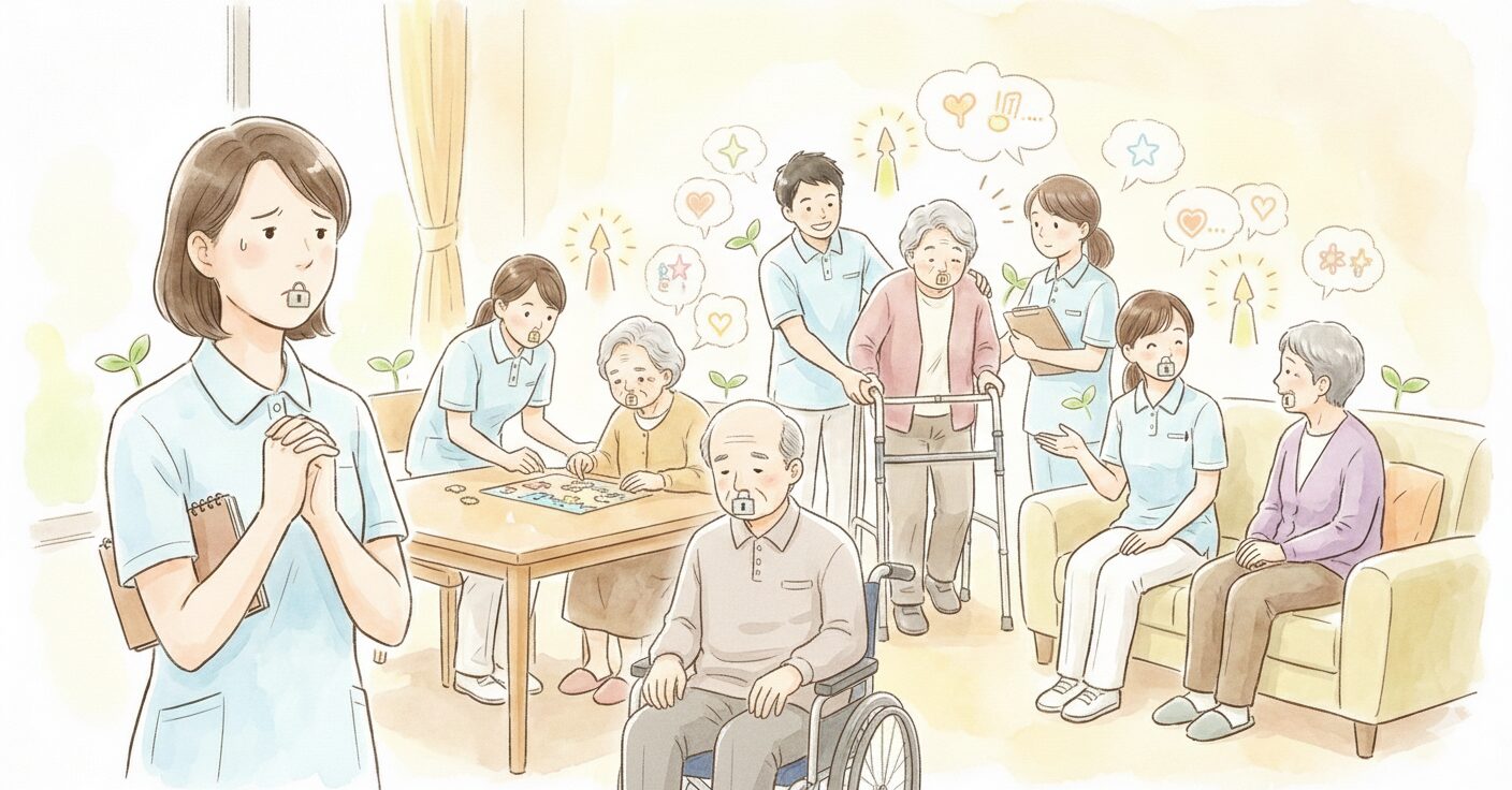 介護現場で声を出せない利用者やスタッフを象徴するサイレントマジョリティーを表したイメージ