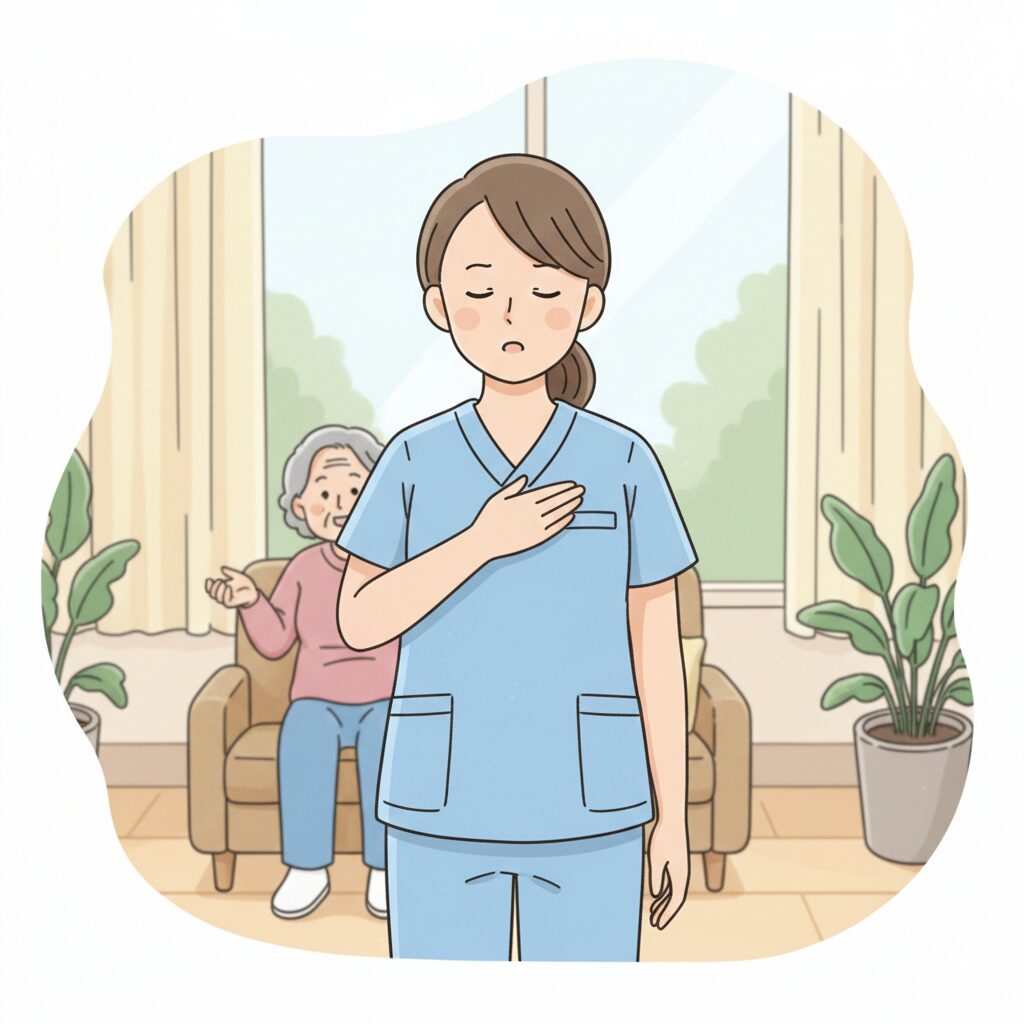 認知症介護でイライラしない方法を説明するアンガーマネジメント対策のイメージ。介護職員が深呼吸し落ち着いて対応している様子