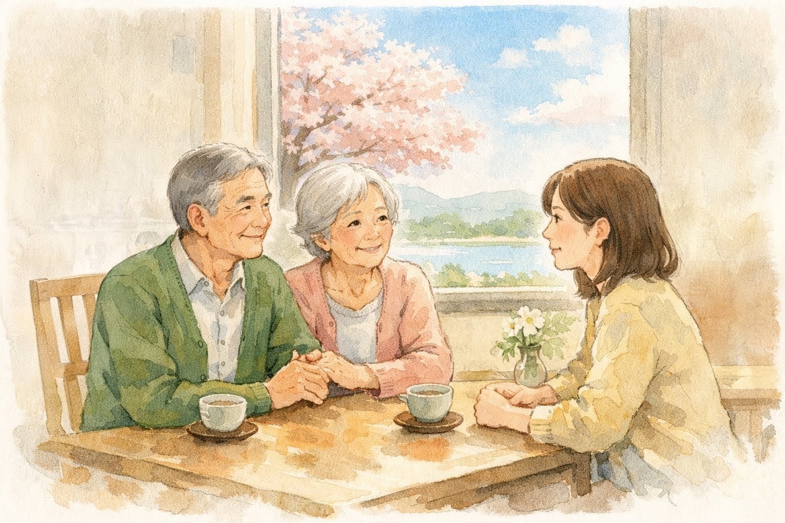 親の最期について家族で話し合う様子のイラスト。認知症になる前の対話の大切さを表現。
