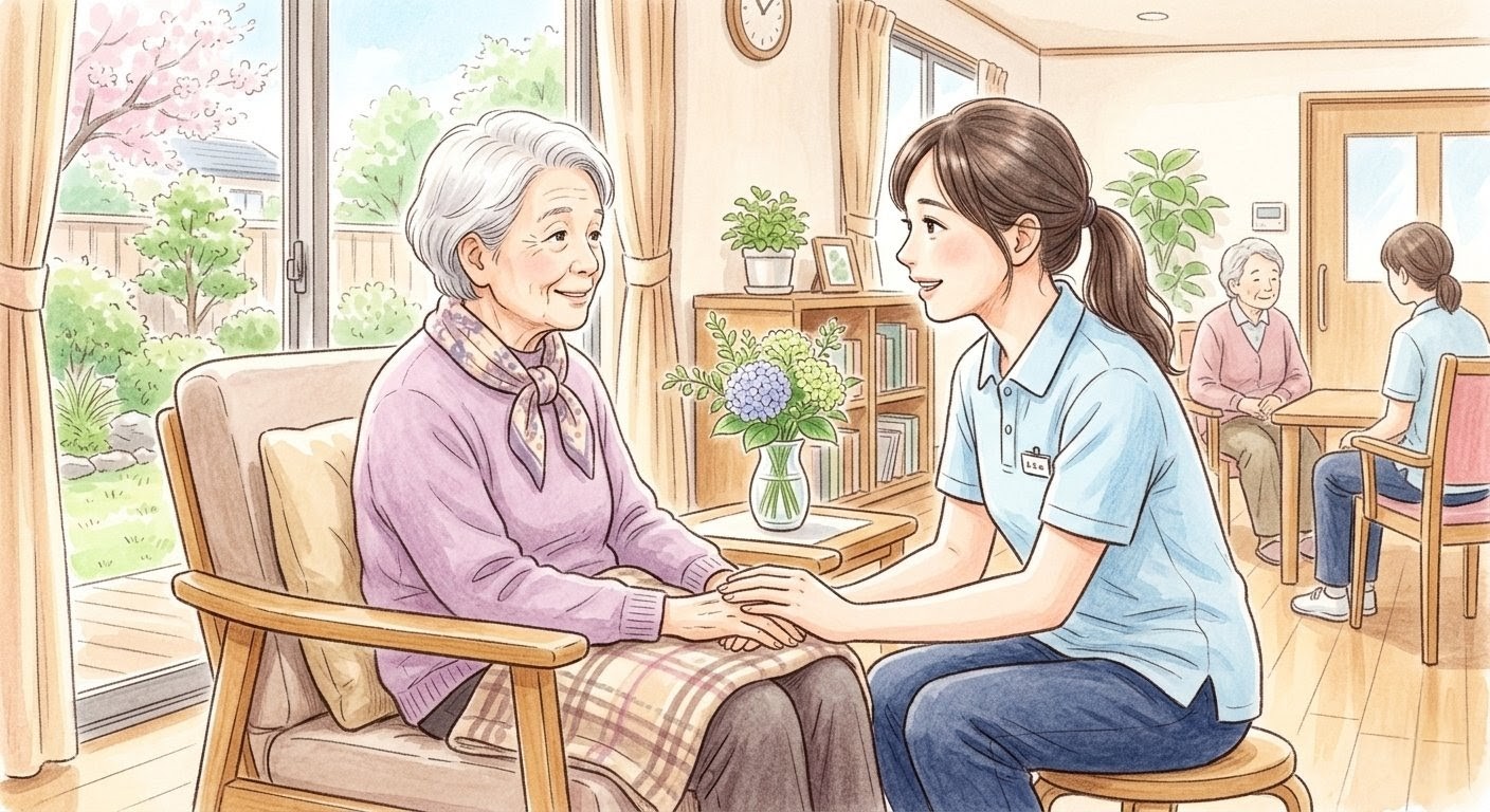 認知症の高齢女性に優しく寄り添い、手を握って安心させる介護者の様子