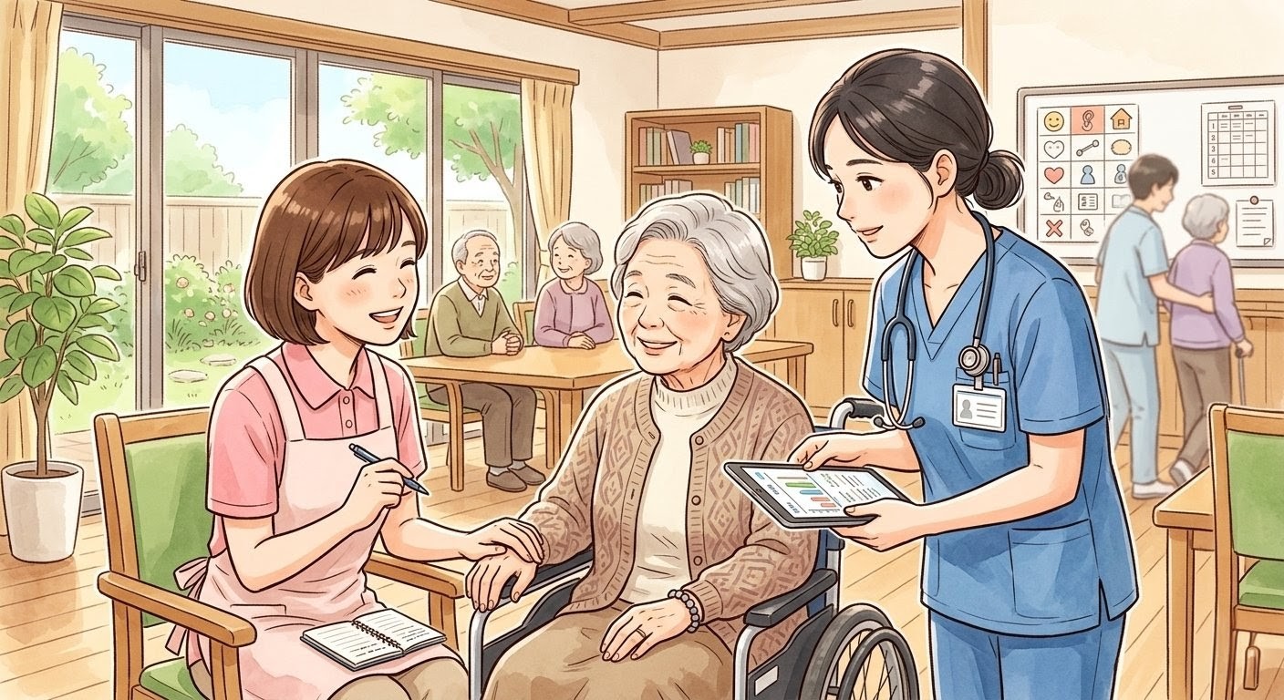 介護職と看護師が協力して利用者を支えるチームケアのイメージ