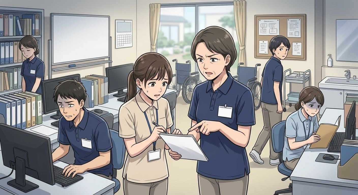 介護現場で職員同士が意見を交わし、緊張した雰囲気になっている様子