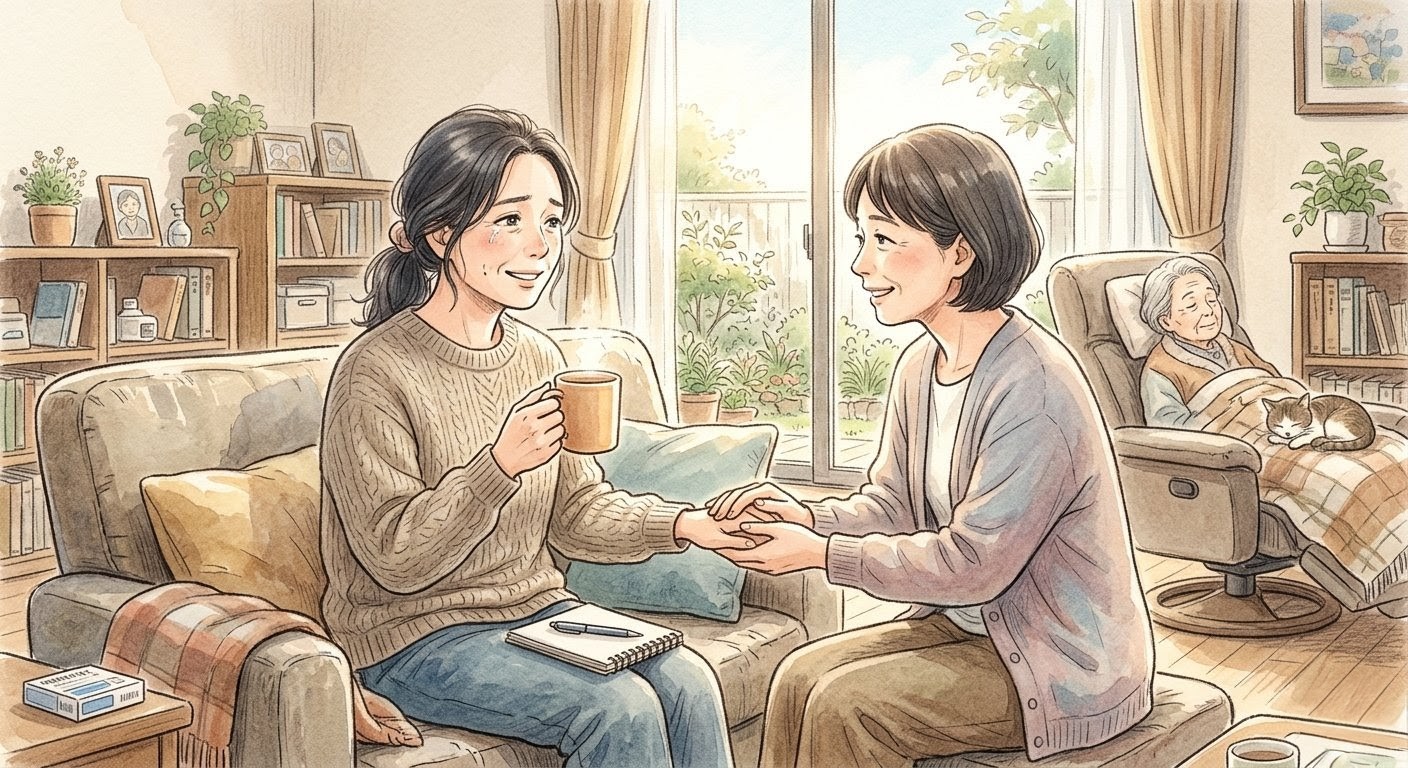 介護の悩みを人に話して気持ちが軽くなる場面