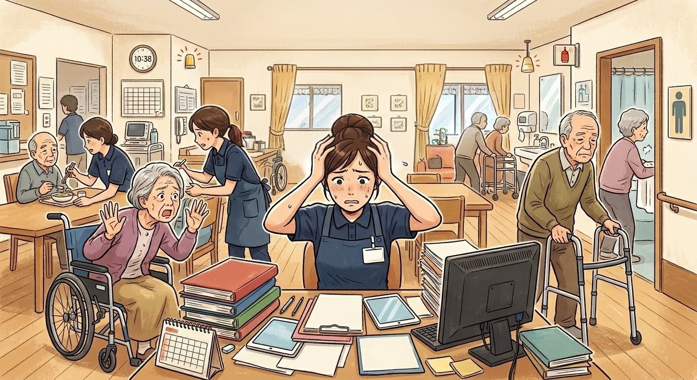 介護現場で「全部大事」と悩む職員に向けて、ケアの質を高める3つの選択術（優先順位・意味で判断・やらないことを決める）を解説するイメージ