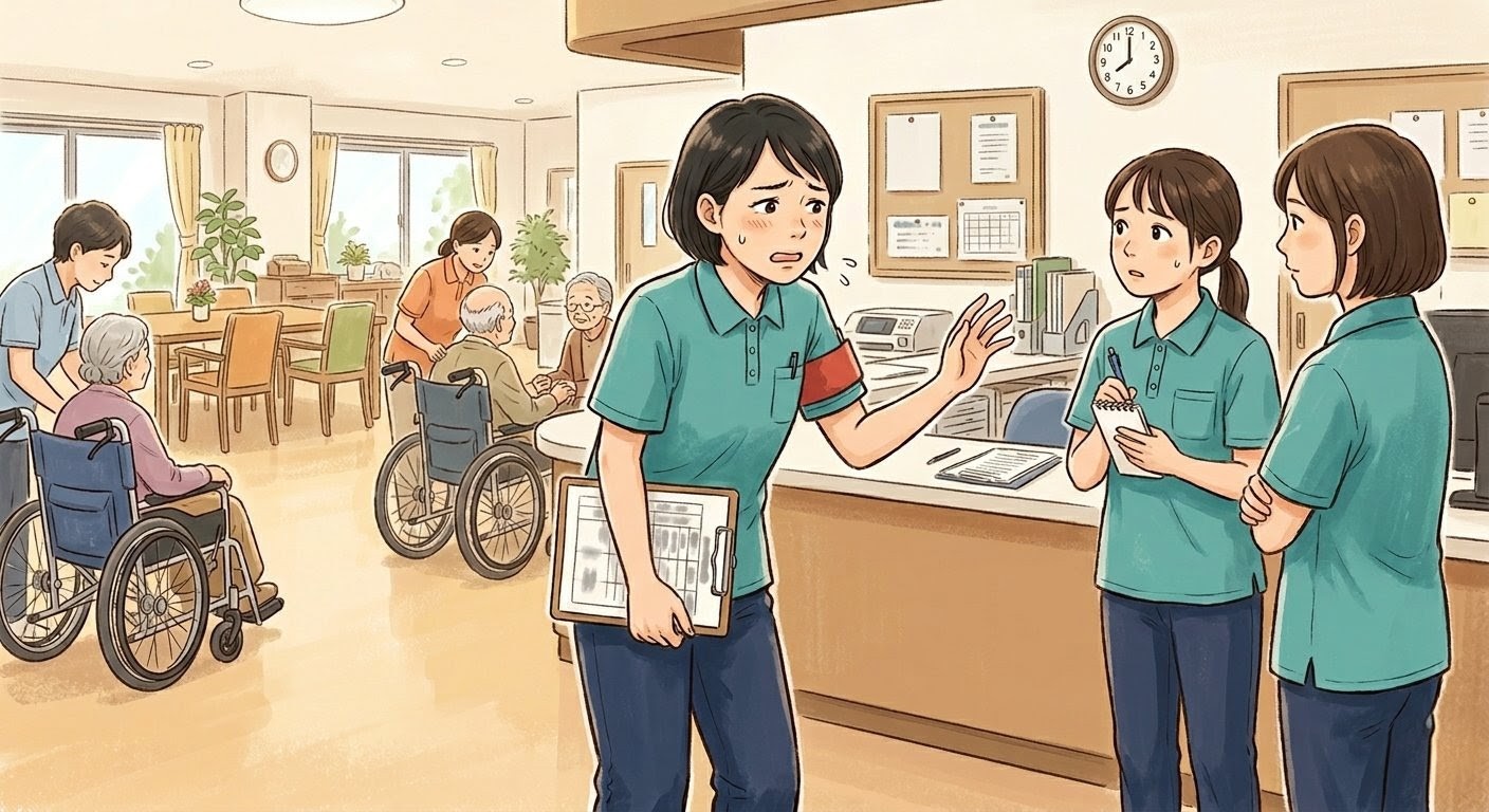 リーダー業務に悩みながら指示を出すことに苦手意識を感じている介護スタッフのイメージ