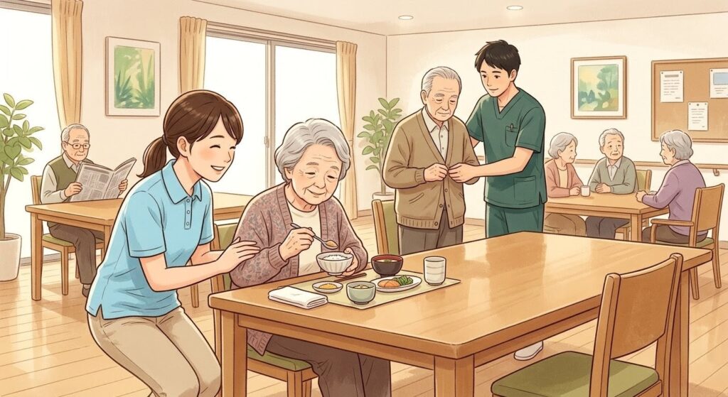 左側では介護士・看護師・リハ職など複数のスタッフが協力して働くチームケアの場面、右側では一人の利用者とスタッフが向き合い寄り添う個別ケアの場面が描かれている。全体は柔らかい色合いで、安心感とあたたかさを表現。