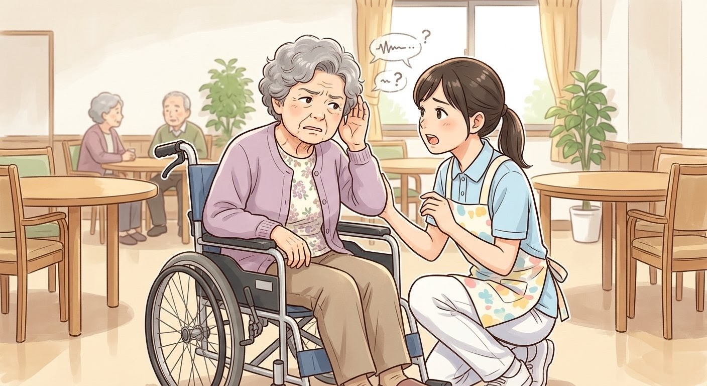 耳鳴りや難聴で聞こえにくい状態をイメージしたイラスト